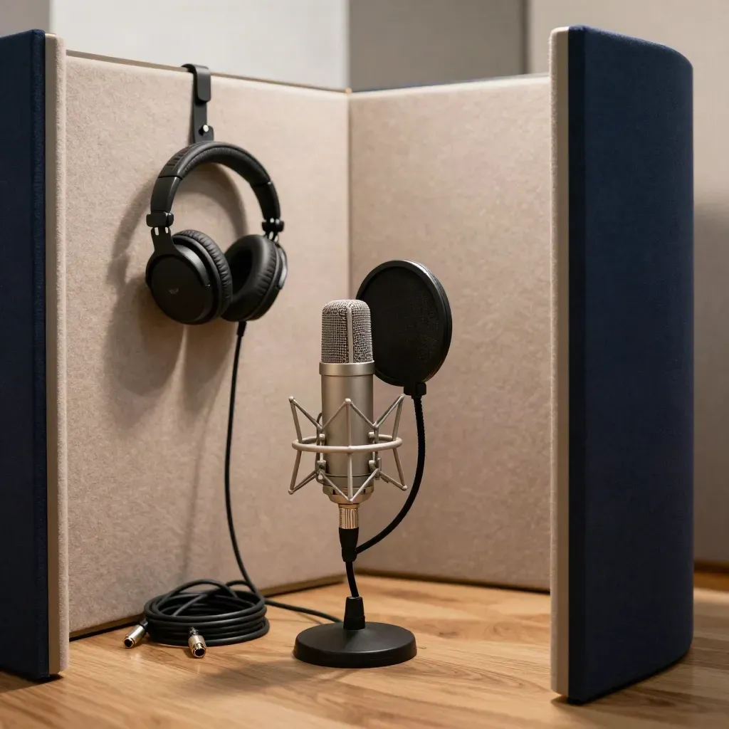 Podcast booth with mic, headphones, and coiled cable in warm window light.
