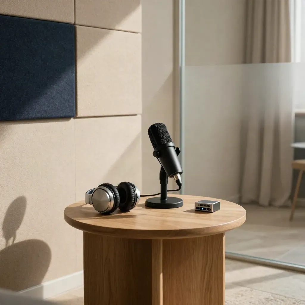 Calm clinic podcast nook with mic, acoustic tiles and oak side table in soft daylight.
