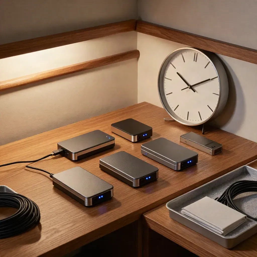 Four podcast episode drives beside a wall clock and return tray on a warm studio shelf.