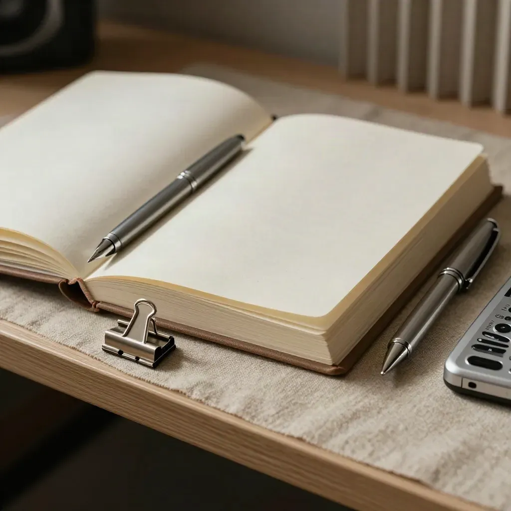 Cream notebook, silver pen, steel clips, and dictation recorder on oatmeal linen