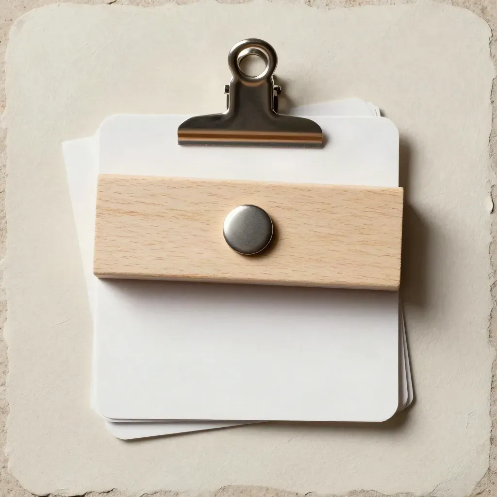 Top-down podcast planning still life with cards, mic token, clip and wooden block on pale plaster.