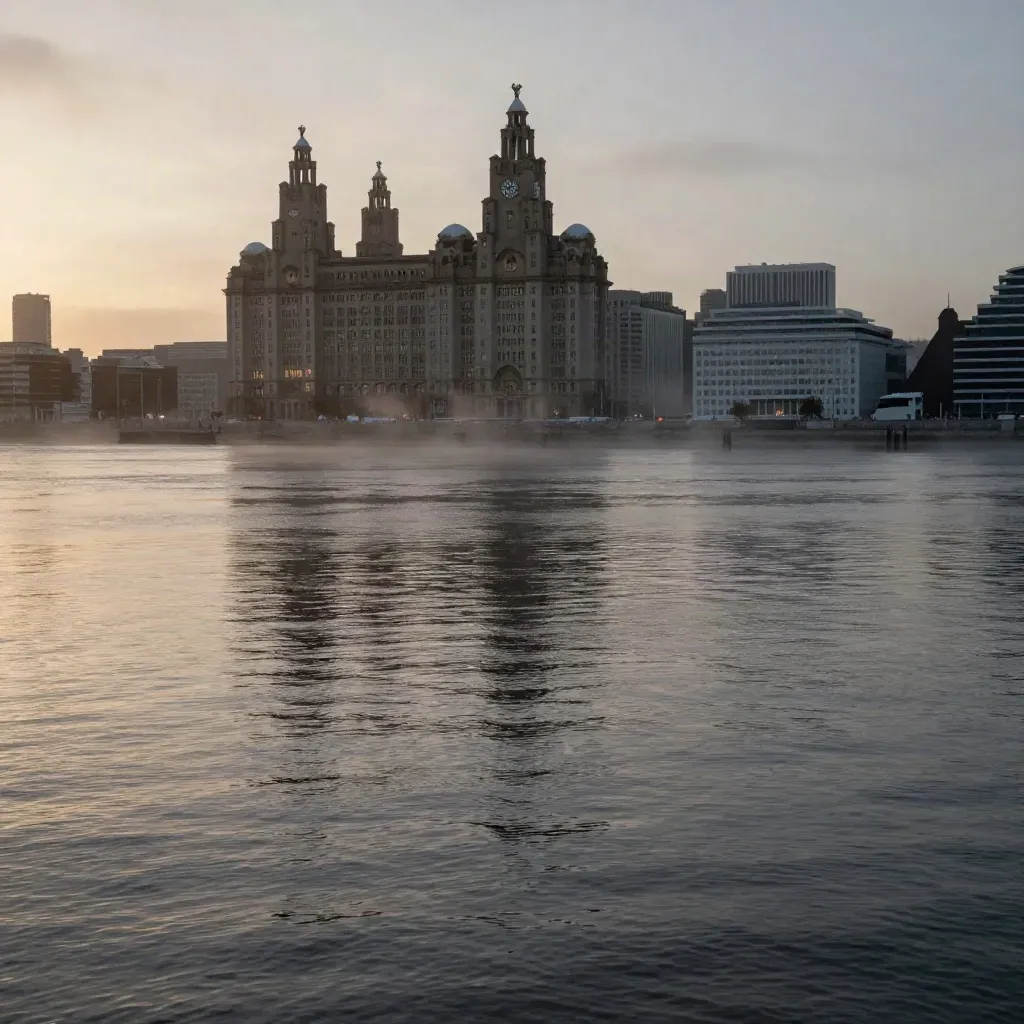 Liverpool waterfront at sunset with the Three Graces above calm Mersey water and mist